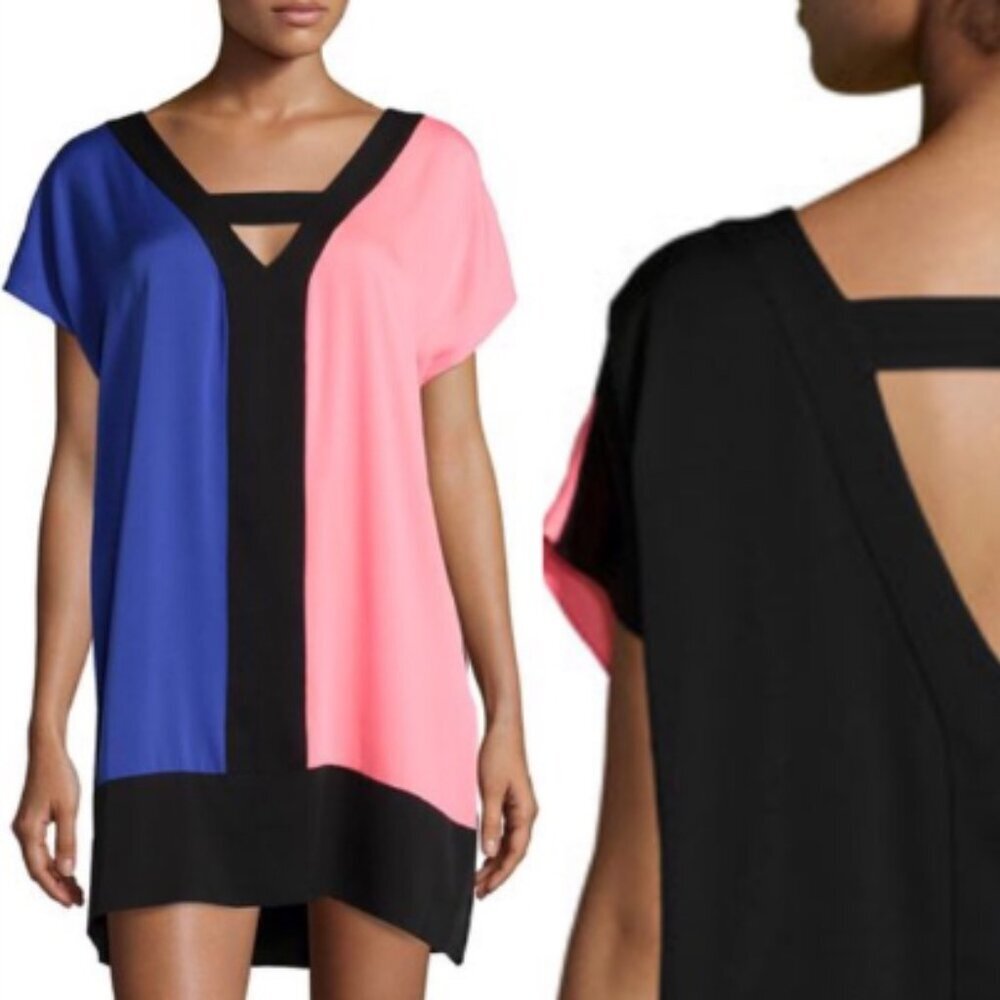Milly Purple Coral Black V-neck Back Silk Color Block Dress P(XS)